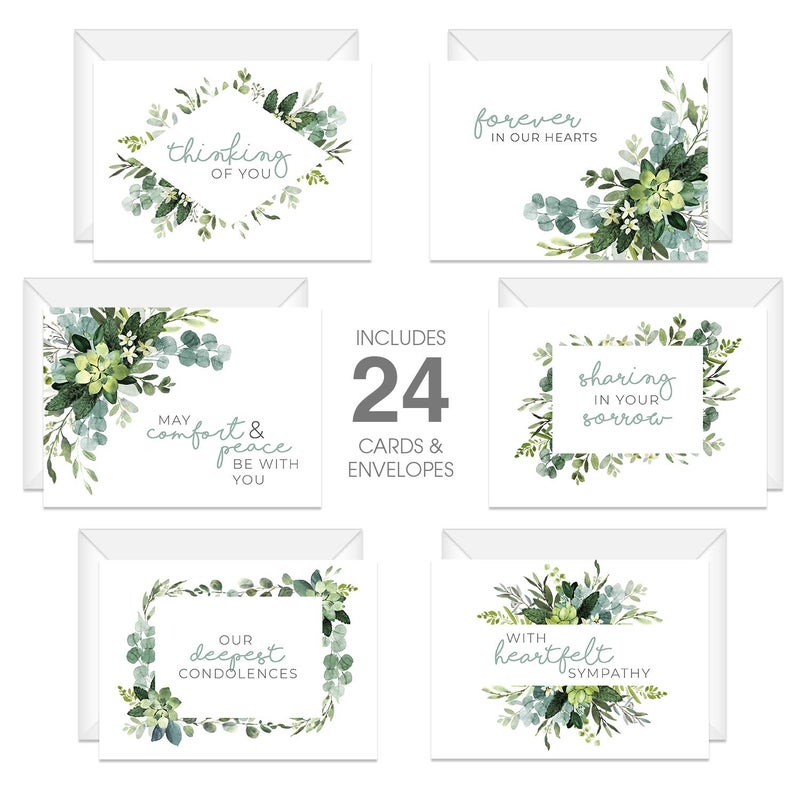 Canopy Street Lush Greenery Sympathy Cards / 24 Thinking Of You Cards With White Envelopes / 6 Modern Designs / 4 5/8" x 6 1/4" Greenery Floral Leaves Condolences Greeting Cards - Image 2